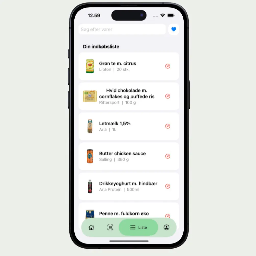 Færdiglavet indkøbsliste i SmartCart appen